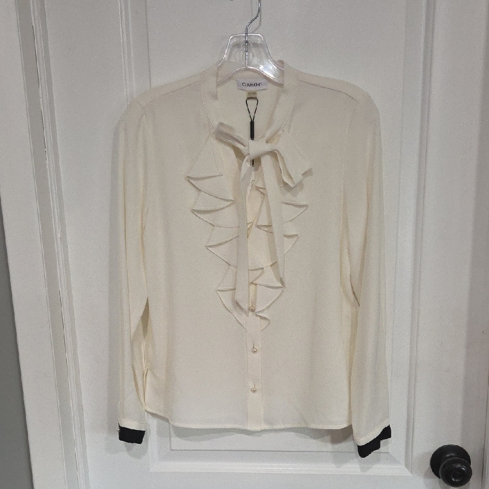 Calvin Klein Cream Ruffle Tie-Neck Blouse with Black Cuff Trim